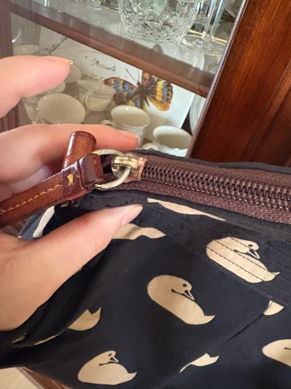 Dooney & Bourke Canvas Victoria Cream Duck Print and Brown Leather Trim - Picture 12 of 14